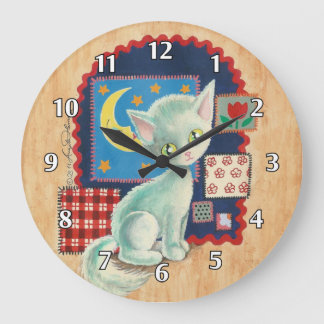 Cute White Kitten and Patchwork Large Clock