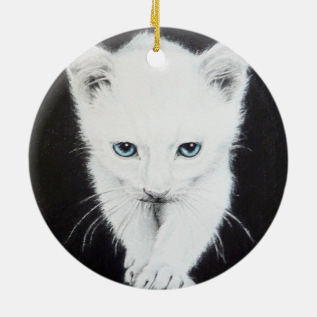Cute white kitten Animal drawing art Cat lovers Ceramic Tree Decoration (Back)