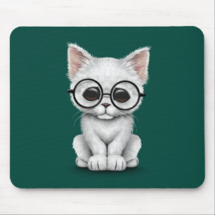 Cute White Kitten Cat with Eye Glasses teal Mouse Pad