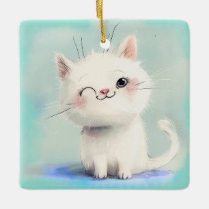 Cute White Kitten Ceramic Ornament