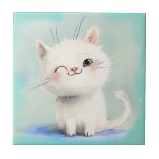 Cute White Kitten Ceramic Tile