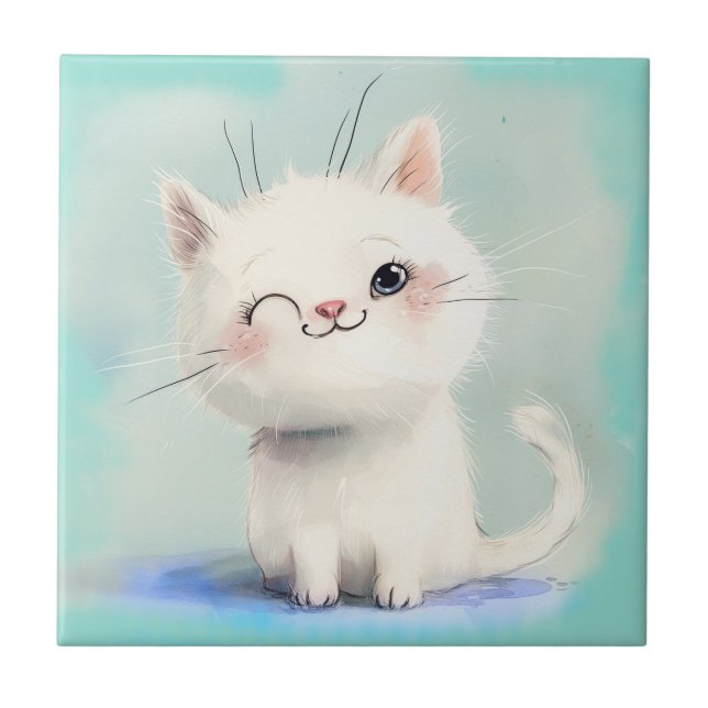 Cute White Kitten Ceramic Tile (Front)