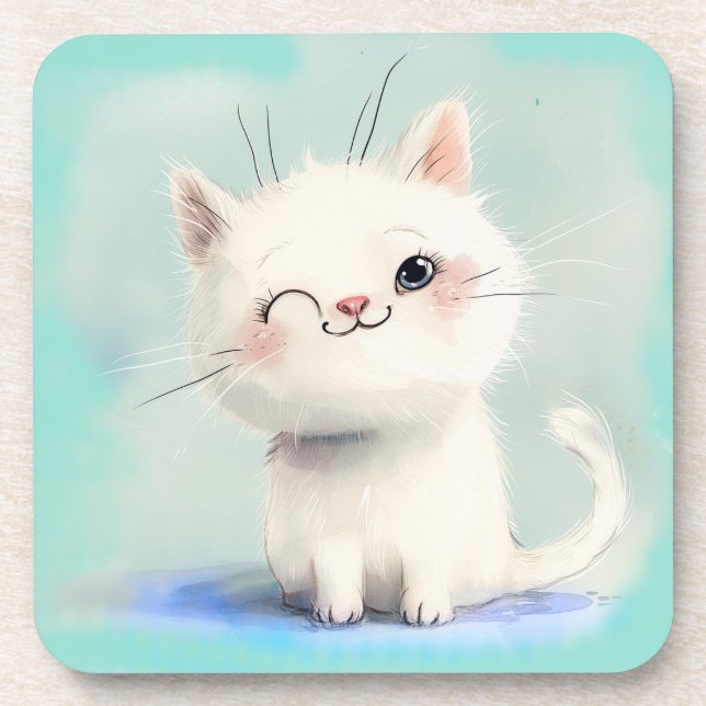 Cute White Kitten Coaster (Front)