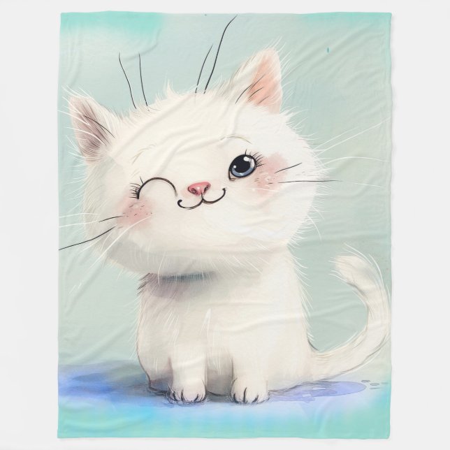 Cute White Kitten Fleece Blanket (Front)