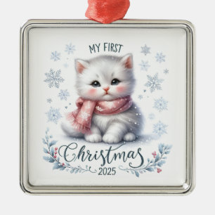 CUTE WHITE KITTEN FOR MY FIRST CHRISTMAS METAL ORNAMENT