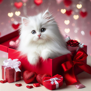 Cute White Kitten in Box Funny Valentine Holiday Card