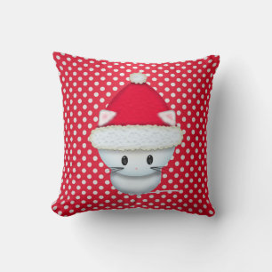 Cute White Kitten in Santa Hat Red Polka Dot Cushion
