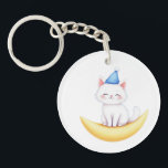 Cute White Kitten on Moon Acrylic Keychain<br><div class="desc">An adorable white kitten sitting on a crescent moon wearing a tiny blue sleeping hat. A sweet and dreamy design perfect for cat lovers and kawaii fans.</div>