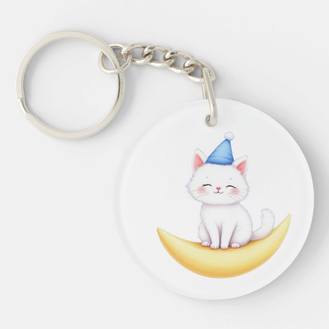 Cute White Kitten on Moon Acrylic Keychain (Front)