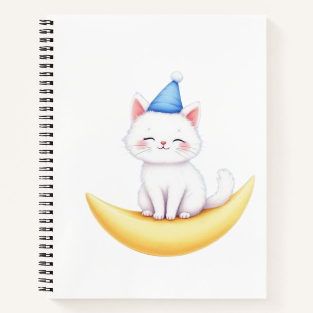 Cute White Kitten on Moon Spiral Notebook (Front)