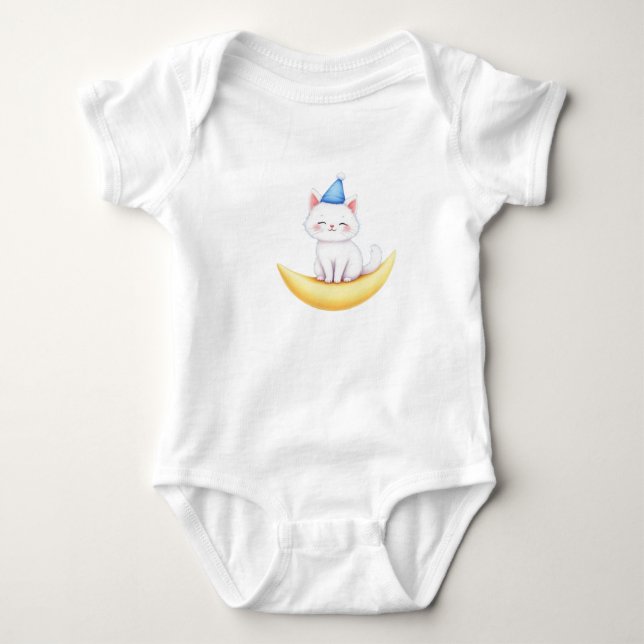 Cute White Kitten on Moon T-Shirt Baby Bodysuit (Front)