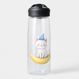 Cute White Kitten on Moon Water Bottle