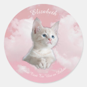 Cute White Kitten Pink Sky Clouds Name, Extra Text Classic Round Sticker