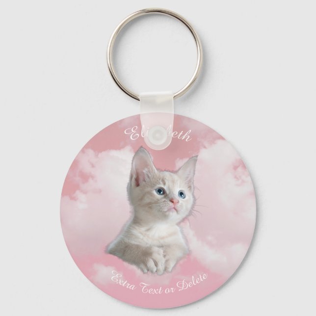 Cute White Kitten Pink Sky Clouds Name, Extra Text Key Ring (Front)