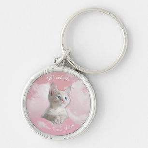 Cute White Kitten Pink Sky Clouds Name, Extra Text Key Ring