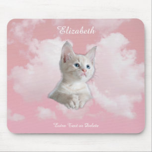 Cute White Kitten Pink Sky Clouds Name, Extra Text Mouse Pad