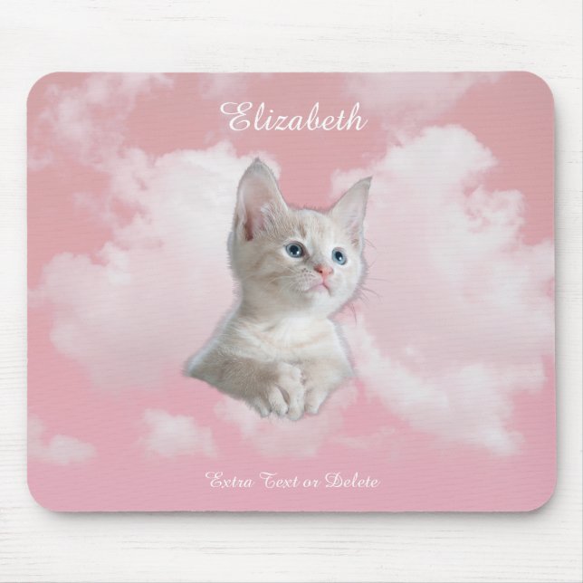Cute White Kitten Pink Sky Clouds Name, Extra Text Mouse Pad (Front)