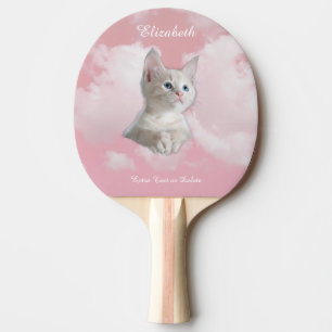 Cute White Kitten Pink Sky Clouds Name, Extra Text Ping Pong Paddle