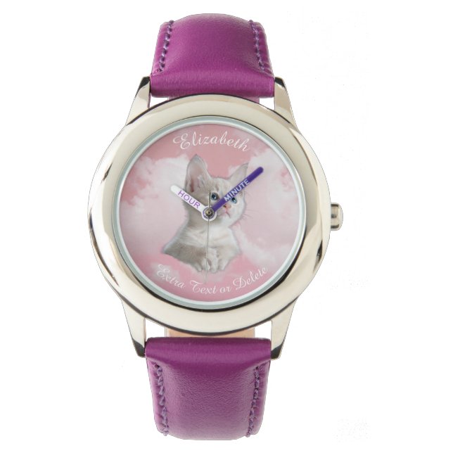 Cute White Kitten Pink Sky Clouds Name, Extra Text Watch (Front)