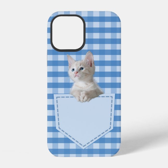 Cute White Kitten Pocket Gingham Blue Pattern iPhone Case (Back)