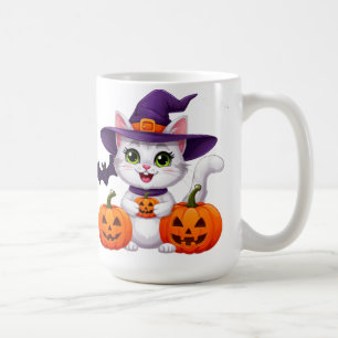 Cute White Kitten Pumpkin Halloween Witch Hat 🎃 Coffee Mug