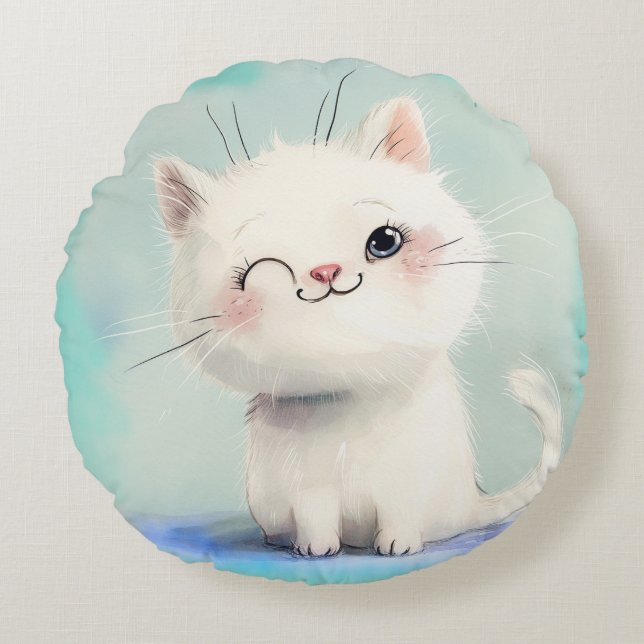 Cute White Kitten Round Cushion (Front)