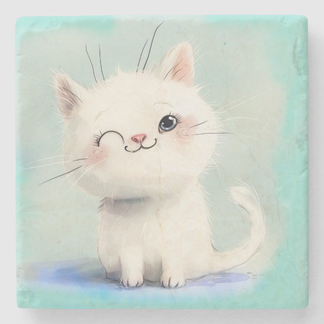 Cute White Kitten Stone Coaster (Front)