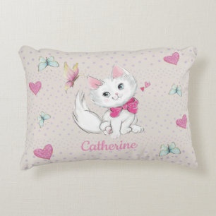 Cute White Kitten with Butterfly on pastel Decorative Cushion