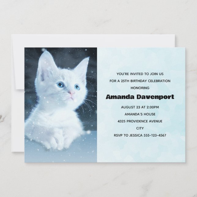 Cute White Kitten with Pretty Blue Eyes Birthday Invitation (Front)