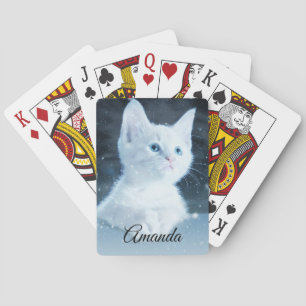 Cute White Kitten with Pretty Blue Eyes on Playing Cards
