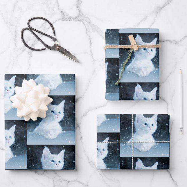 Cute White Kitten with Pretty Blue Eyes Patterned Wrapping Paper Sheet (Front)
