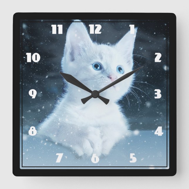 Cute White Kitten with Pretty Blue Eyes Square Wall Clock (Front)