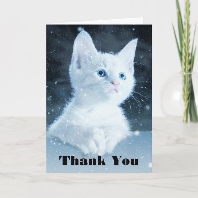 Cute White Kitten with Pretty Blue Eyes Thank You Card (Front)
