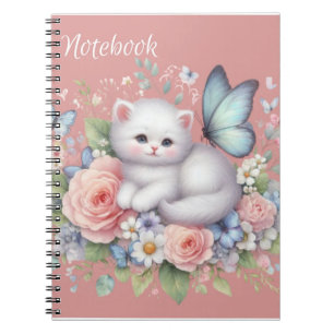 Cute White Kitty, Butterflies And Flowers Notebook