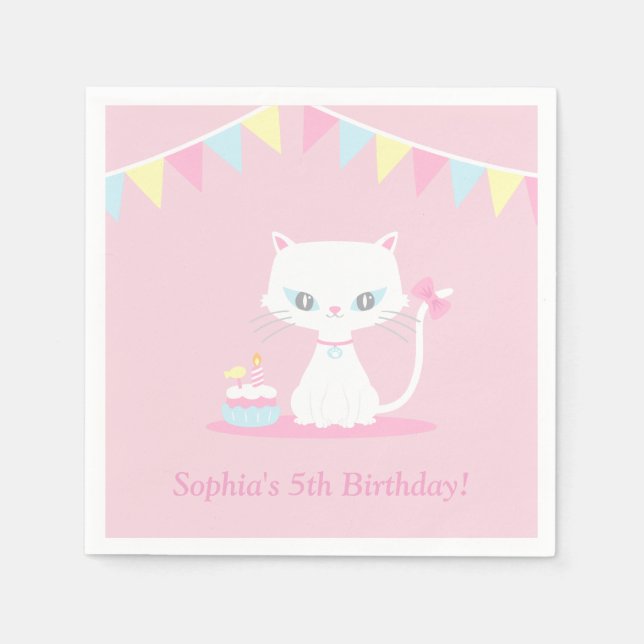 Cute White Kitty Cat Birthday Party Paper Napkins (Front)