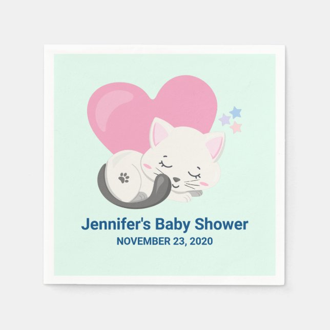 Cute White Kitty Cat Sleeping Baby Shower Napkin (Front)