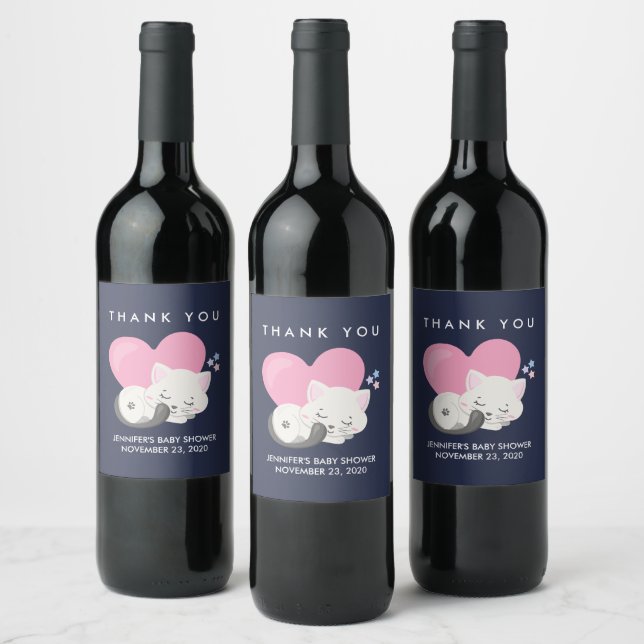 Cute White Kitty Cat Sleeping Baby Shower Wine Label (Bottles)