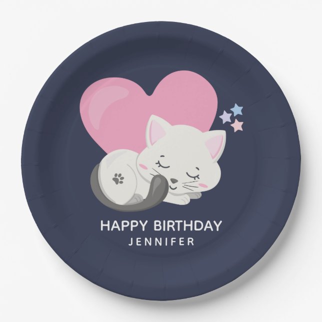 Cute White Kitty Cat Sleeping Birthday Paper Plate (Front)
