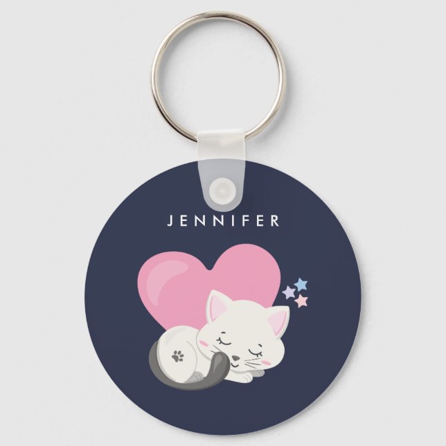 Cute White Kitty Cat Sleeping Key Ring (Front)
