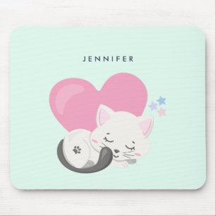 Cute White Kitty Cat Sleeping Mouse Pad