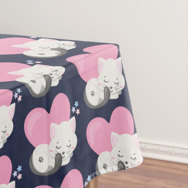 Cute White Kitty Cat Sleeping Pattern Tablecloth (In Situ)