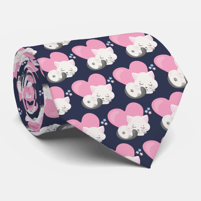Cute White Kitty Cat Sleeping Pattern Tie (Rolled)