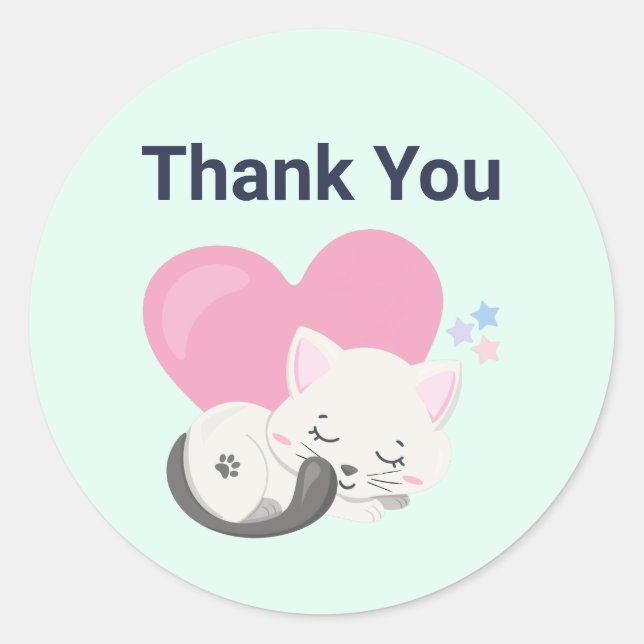 Cute White Kitty Cat Sleeping Thank You Classic Round Sticker (Front)