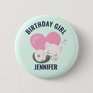 Cute White Kitty Cat with Pink Heart Birthday Girl 6 Cm Round Badge