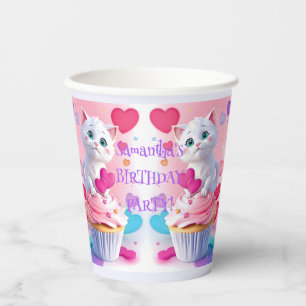 Cute White Kitty & Cupcake Girly Birthday Party Paper Cups