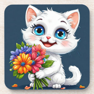 🐱 Cute White Kitty Floral Home Drink Coaster 🌸