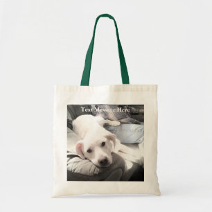 Cute White Labrador Retriever Mix Dog on Couch Tote Bag