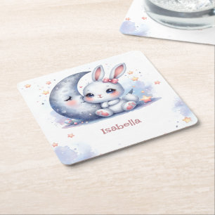 cute white little bunny and the moon square paper coaster