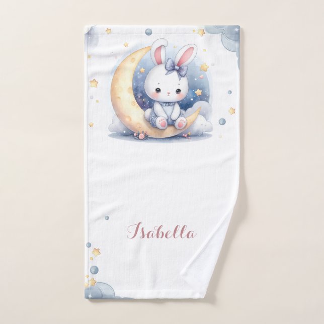 Cute white little bunny sitting on the moon bath towel set (Hand Towel)