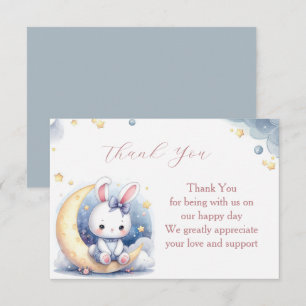 Cute white little bunny sitting on the moon thank you card
